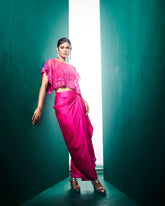 Nessa Drape Skirt Set with Cape -Fuchsia Pink